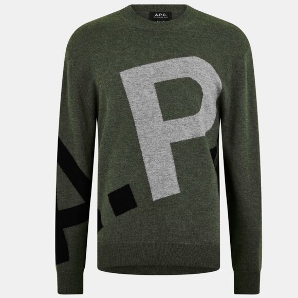 A.P.C. WOOL LOGO SWEATER IN KHAKI SIZE SMALL - Picture 1 of 7